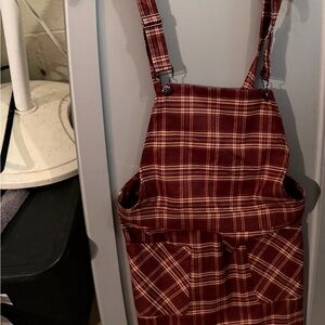 Allegra K Burgundy Plaid Overall Dress Romper